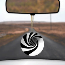 DistinctInk® Hanging Ceramic Christmas Tree Ornament with Gold String - Great Gift / Present - 2 3/4 inch Diameter - Black White Swirl Vortex Geometric