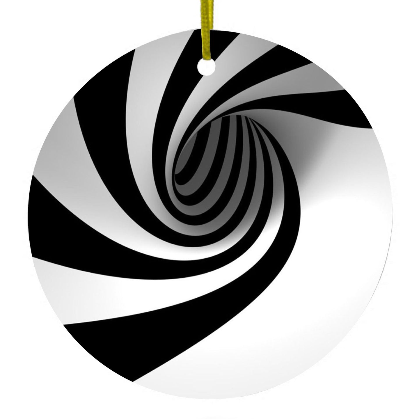 DistinctInk® Hanging Ceramic Christmas Tree Ornament with Gold String - Great Gift / Present - 2 3/4 inch Diameter - Black White Swirl Vortex Geometric