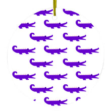 DistinctInk® Hanging Ceramic Christmas Tree Ornament with Gold String - Great Gift / Present - 2 3/4 inch Diameter - Purple White Alligators