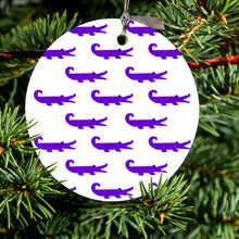 DistinctInk® Hanging Ceramic Christmas Tree Ornament with Gold String - Great Gift / Present - 2 3/4 inch Diameter - Purple White Alligators