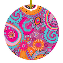 DistinctInk® Hanging Ceramic Christmas Tree Ornament with Gold String - Great Gift / Present - 2 3/4 inch Diameter - Pink Blue Orange Paisley