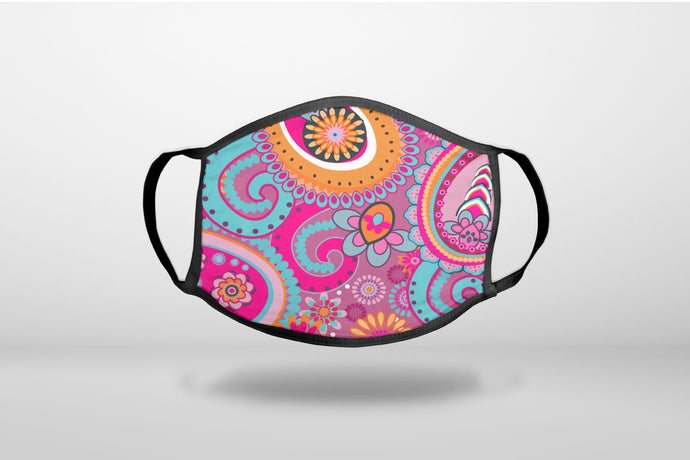 Pink Blue Orange Paisley - 3-Ply Reusable Soft Face Mask Covering, Unisex, Cotton Inner Layer