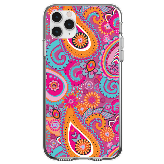 DistinctInk® Clear Shockproof Hybrid Case for Apple iPhone / Samsung Galaxy / Google Pixel - Pink Blue Orange Paisley