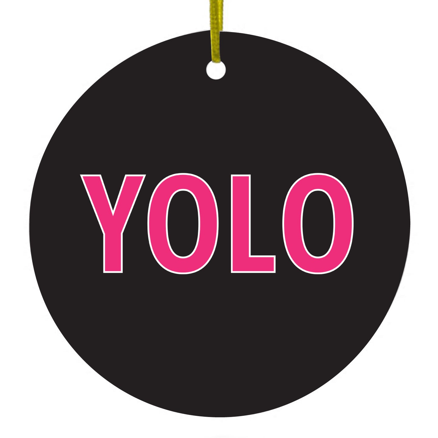 DistinctInk® Hanging Ceramic Christmas Tree Ornament with Gold String - Great Gift / Present - 2 3/4 inch Diameter - Black Pink YOLO