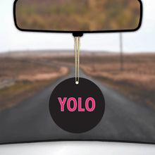 DistinctInk® Hanging Ceramic Christmas Tree Ornament with Gold String - Great Gift / Present - 2 3/4 inch Diameter - Black Pink YOLO