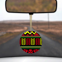 DistinctInk® Hanging Ceramic Christmas Tree Ornament with Gold String - Great Gift / Present - 2 3/4 inch Diameter - Black Yellow Red Aztec Tribal