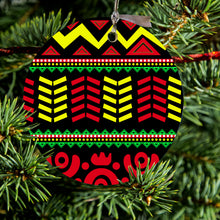 DistinctInk® Hanging Ceramic Christmas Tree Ornament with Gold String - Great Gift / Present - 2 3/4 inch Diameter - Black Yellow Red Aztec Tribal