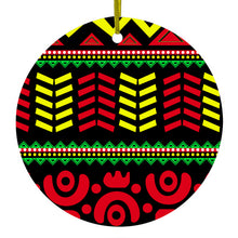 DistinctInk® Hanging Ceramic Christmas Tree Ornament with Gold String - Great Gift / Present - 2 3/4 inch Diameter - Black Yellow Red Aztec Tribal