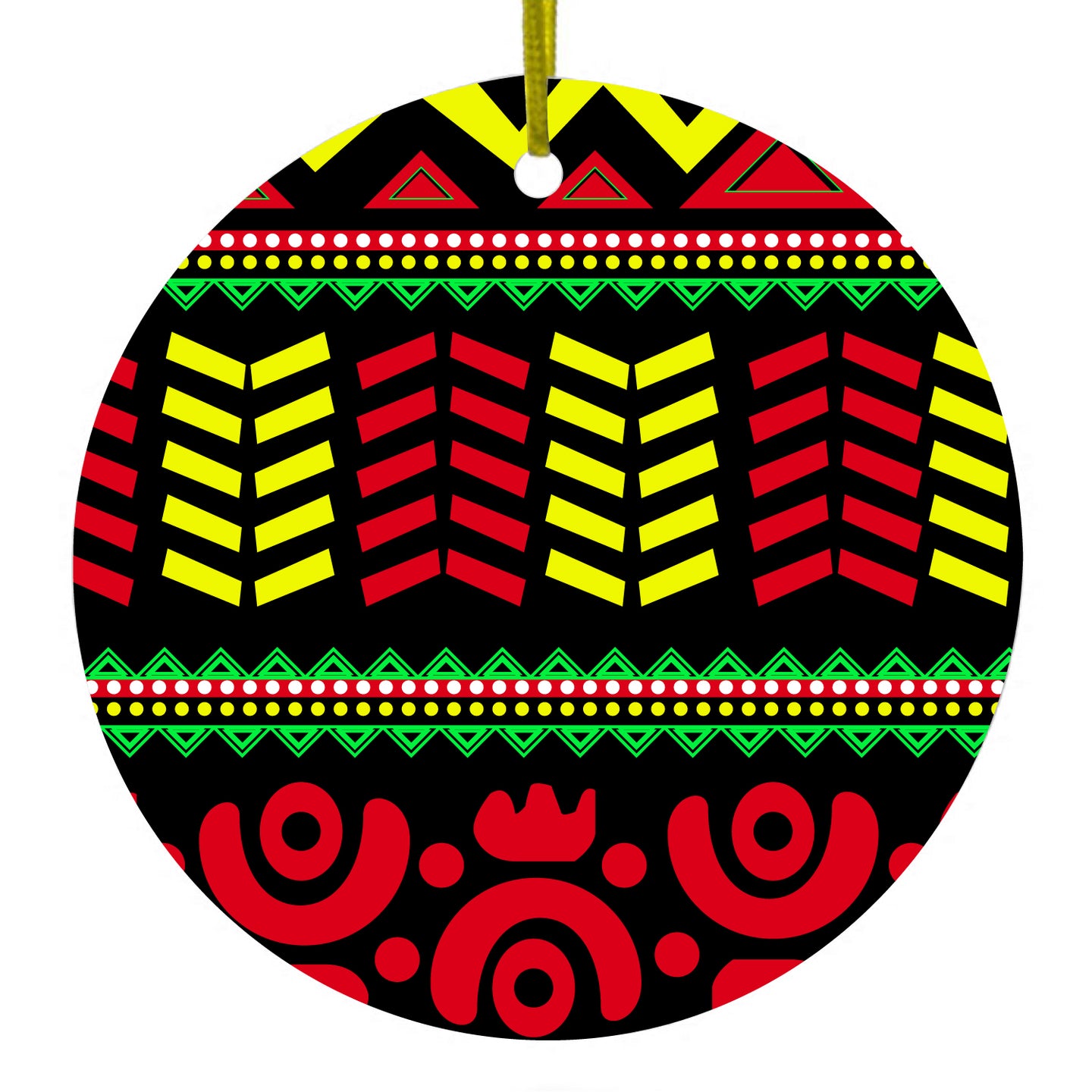 DistinctInk® Hanging Ceramic Christmas Tree Ornament with Gold String - Great Gift / Present - 2 3/4 inch Diameter - Black Yellow Red Aztec Tribal