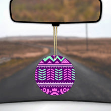 DistinctInk® Hanging Ceramic Christmas Tree Ornament with Gold String - Great Gift / Present - 2 3/4 inch Diameter - Pink Green Aztec Tribal