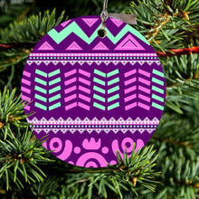 DistinctInk® Hanging Ceramic Christmas Tree Ornament with Gold String - Great Gift / Present - 2 3/4 inch Diameter - Pink Green Aztec Tribal