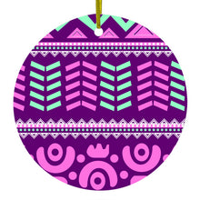 DistinctInk® Hanging Ceramic Christmas Tree Ornament with Gold String - Great Gift / Present - 2 3/4 inch Diameter - Pink Green Aztec Tribal