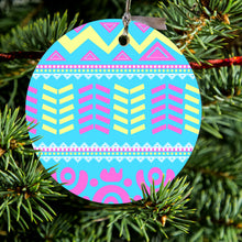 DistinctInk® Hanging Ceramic Christmas Tree Ornament with Gold String - Great Gift / Present - 2 3/4 inch Diameter - Yellow Pink Blue Aztec Tribal
