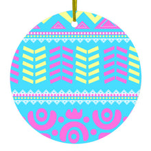 DistinctInk® Hanging Ceramic Christmas Tree Ornament with Gold String - Great Gift / Present - 2 3/4 inch Diameter - Yellow Pink Blue Aztec Tribal