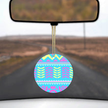 DistinctInk® Hanging Ceramic Christmas Tree Ornament with Gold String - Great Gift / Present - 2 3/4 inch Diameter - Yellow Pink Blue Aztec Tribal