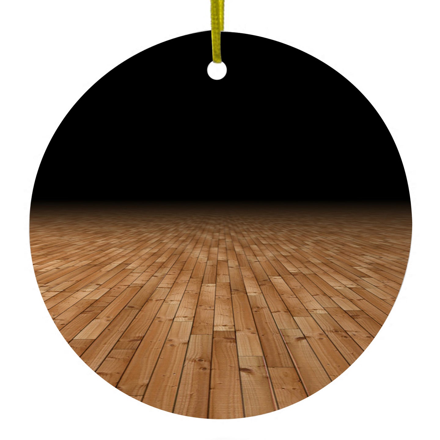 DistinctInk® Hanging Ceramic Christmas Tree Ornament with Gold String - Great Gift / Present - 2 3/4 inch Diameter - Basketball Court Floor