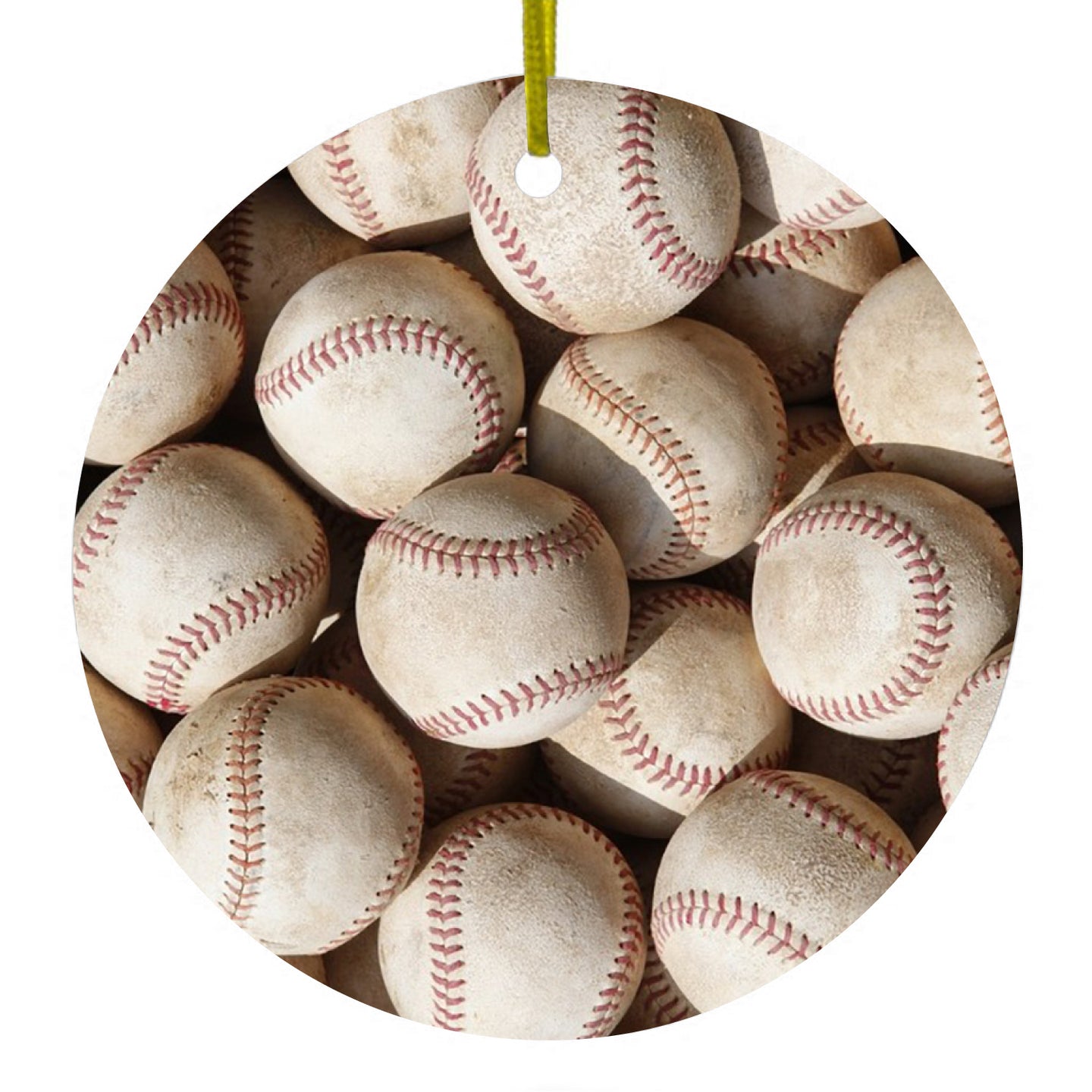 DistinctInk® Hanging Ceramic Christmas Tree Ornament with Gold String - Great Gift / Present - 2 3/4 inch Diameter - Old Baseballs