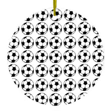 DistinctInk® Hanging Ceramic Christmas Tree Ornament with Gold String - Great Gift / Present - 2 3/4 inch Diameter - Soccer Balls Drawing
