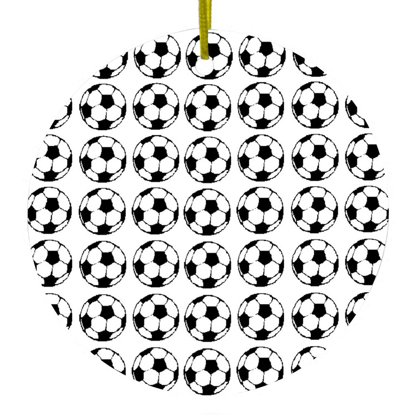 DistinctInk® Hanging Ceramic Christmas Tree Ornament with Gold String - Great Gift / Present - 2 3/4 inch Diameter - Soccer Balls Drawing
