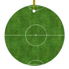 DistinctInk® Hanging Ceramic Christmas Tree Ornament with Gold String - Great Gift / Present - 2 3/4 inch Diameter - Soccer Field Layout