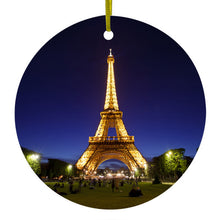 DistinctInk® Hanging Ceramic Christmas Tree Ornament with Gold String - Great Gift / Present - 2 3/4 inch Diameter - Eiffel Tower Paris Night