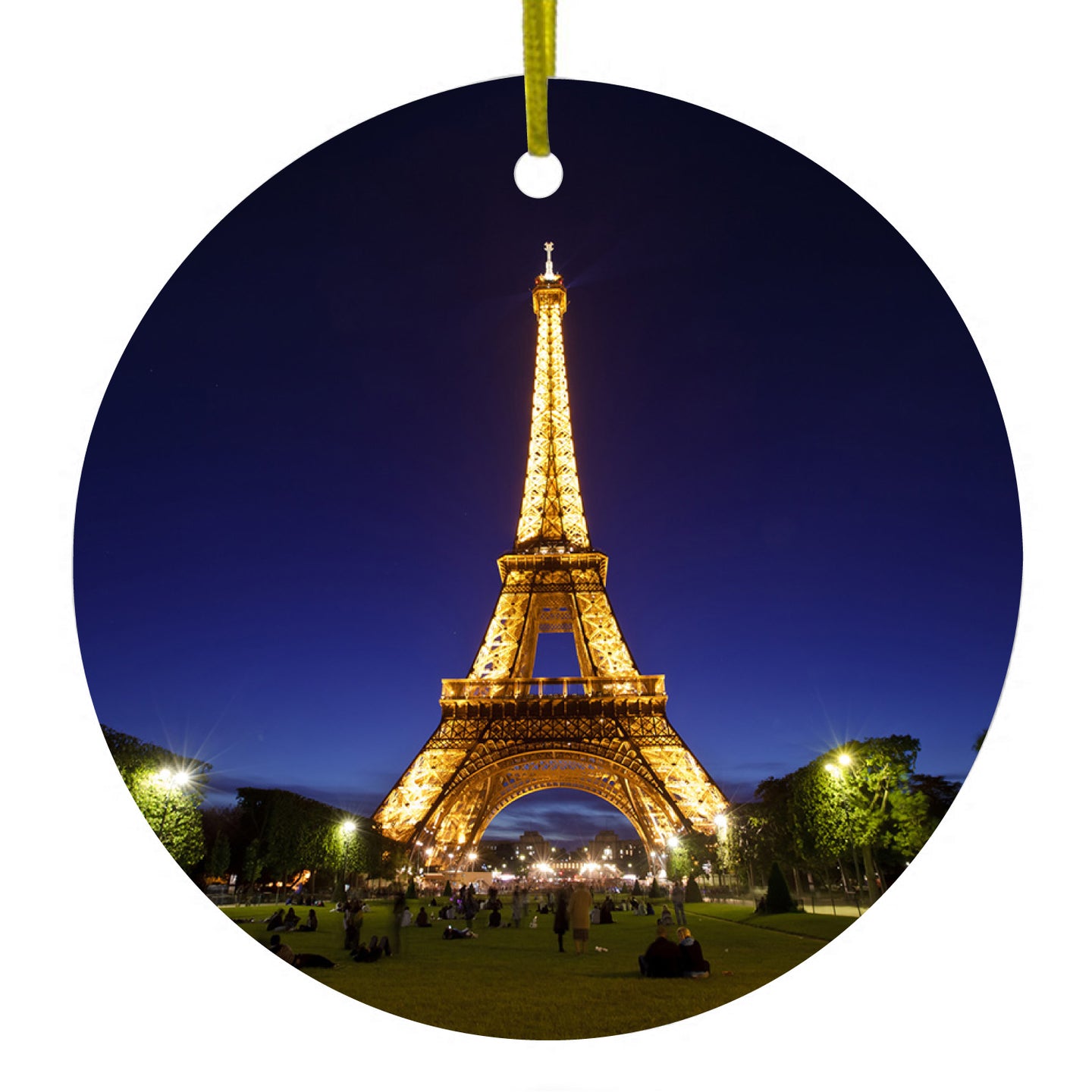 DistinctInk® Hanging Ceramic Christmas Tree Ornament with Gold String - Great Gift / Present - 2 3/4 inch Diameter - Eiffel Tower Paris Night