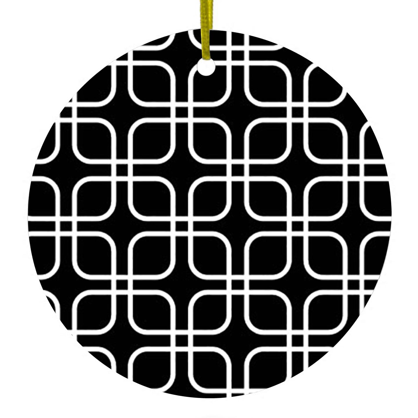 DistinctInk® Hanging Ceramic Christmas Tree Ornament with Gold String - Great Gift / Present - 2 3/4 inch Diameter - Black White Square Pattern Geometric