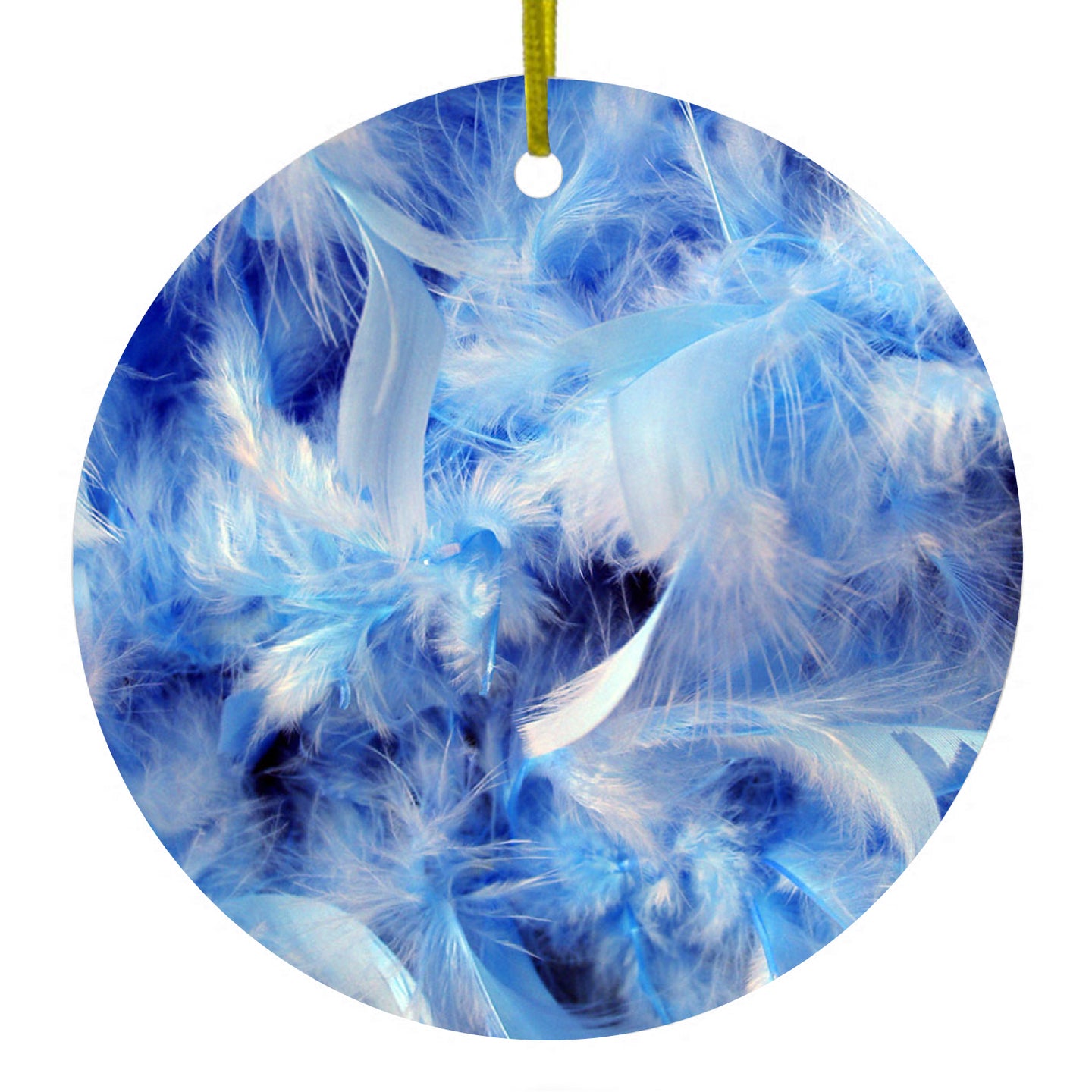 DistinctInk® Hanging Ceramic Christmas Tree Ornament with Gold String - Great Gift / Present - 2 3/4 inch Diameter - Blue Feathers