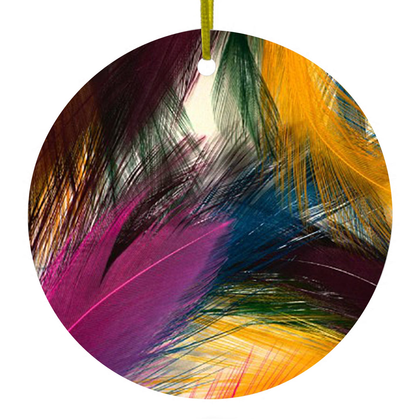 DistinctInk® Hanging Ceramic Christmas Tree Ornament with Gold String - Great Gift / Present - 2 3/4 inch Diameter - Multi Color Feathers