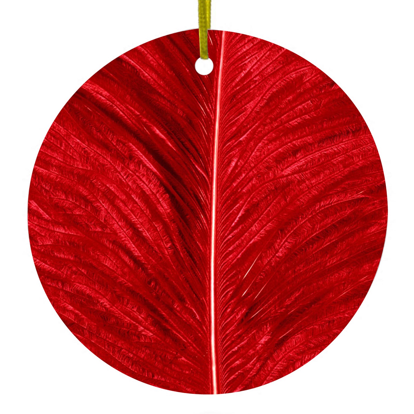 DistinctInk® Hanging Ceramic Christmas Tree Ornament with Gold String - Great Gift / Present - 2 3/4 inch Diameter - Red Feather Texture