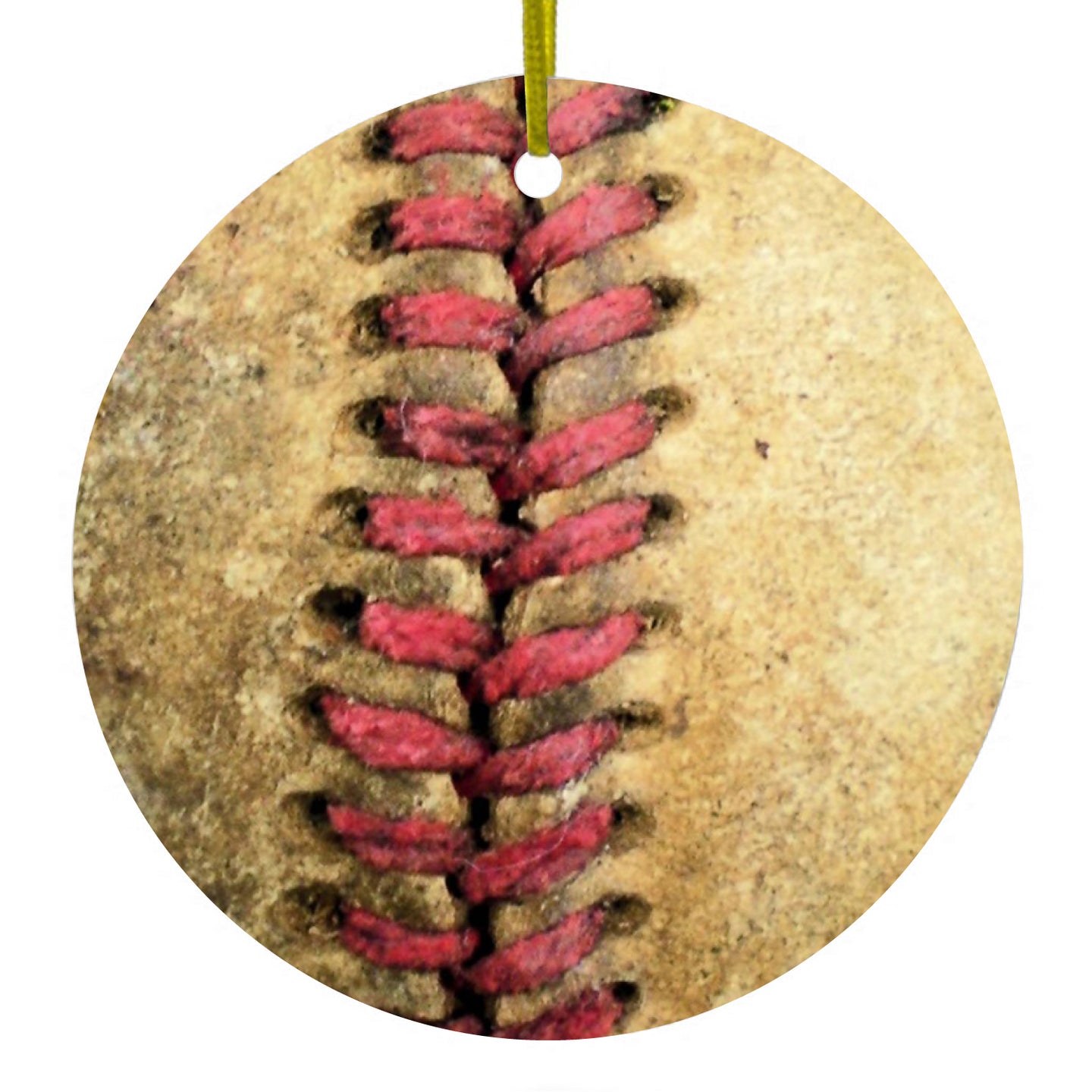 DistinctInk® Hanging Ceramic Christmas Tree Ornament with Gold String - Great Gift / Present - 2 3/4 inch Diameter - Old Baseball Stitch
