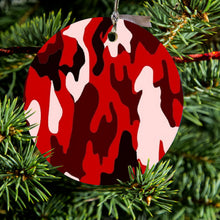 DistinctInk® Hanging Ceramic Christmas Tree Ornament with Gold String - Great Gift / Present - 2 3/4 inch Diameter - Red Black Camouflage