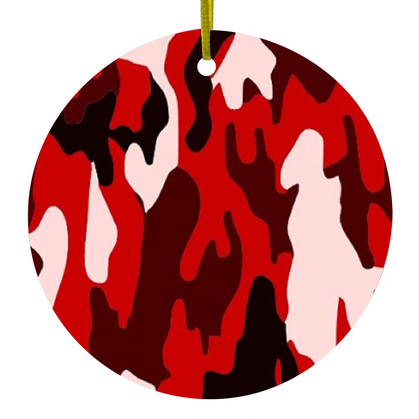 DistinctInk® Hanging Ceramic Christmas Tree Ornament with Gold String - Great Gift / Present - 2 3/4 inch Diameter - Red Black Camouflage