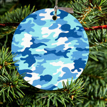 DistinctInk® Hanging Ceramic Christmas Tree Ornament with Gold String - Great Gift / Present - 2 3/4 inch Diameter - Blue White Camouflage