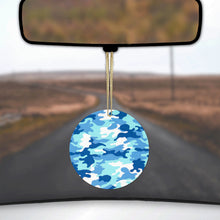 DistinctInk® Hanging Ceramic Christmas Tree Ornament with Gold String - Great Gift / Present - 2 3/4 inch Diameter - Blue White Camouflage