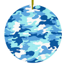 DistinctInk® Hanging Ceramic Christmas Tree Ornament with Gold String - Great Gift / Present - 2 3/4 inch Diameter - Blue White Camouflage