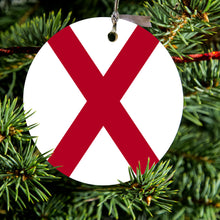 DistinctInk® Hanging Ceramic Christmas Tree Ornament with Gold String - Great Gift / Present - 2 3/4 inch Diameter - Alabama State Flag