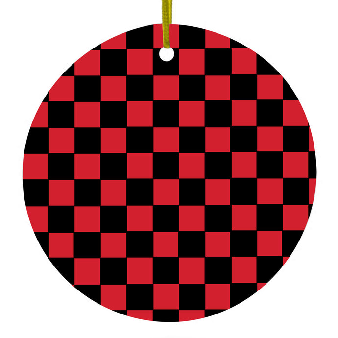 Red Black Checkered Flag Geometric Ceramic Ornament