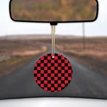 DistinctInk® Hanging Ceramic Christmas Tree Ornament with Gold String - Great Gift / Present - 2 3/4 inch Diameter - Red Black Checkered Flag Geometric