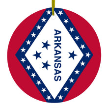 DistinctInk® Hanging Ceramic Christmas Tree Ornament with Gold String - Great Gift / Present - 2 3/4 inch Diameter - Arkansas State Flag