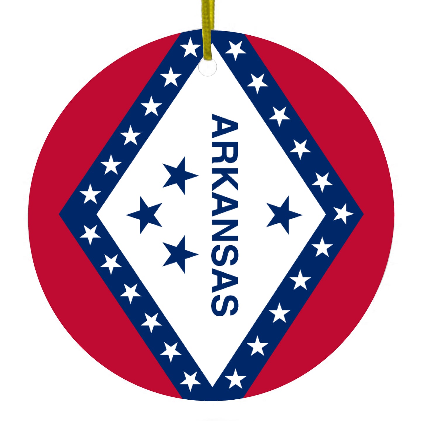 DistinctInk® Hanging Ceramic Christmas Tree Ornament with Gold String - Great Gift / Present - 2 3/4 inch Diameter - Arkansas State Flag