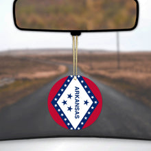 DistinctInk® Hanging Ceramic Christmas Tree Ornament with Gold String - Great Gift / Present - 2 3/4 inch Diameter - Arkansas State Flag