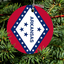 DistinctInk® Hanging Ceramic Christmas Tree Ornament with Gold String - Great Gift / Present - 2 3/4 inch Diameter - Arkansas State Flag