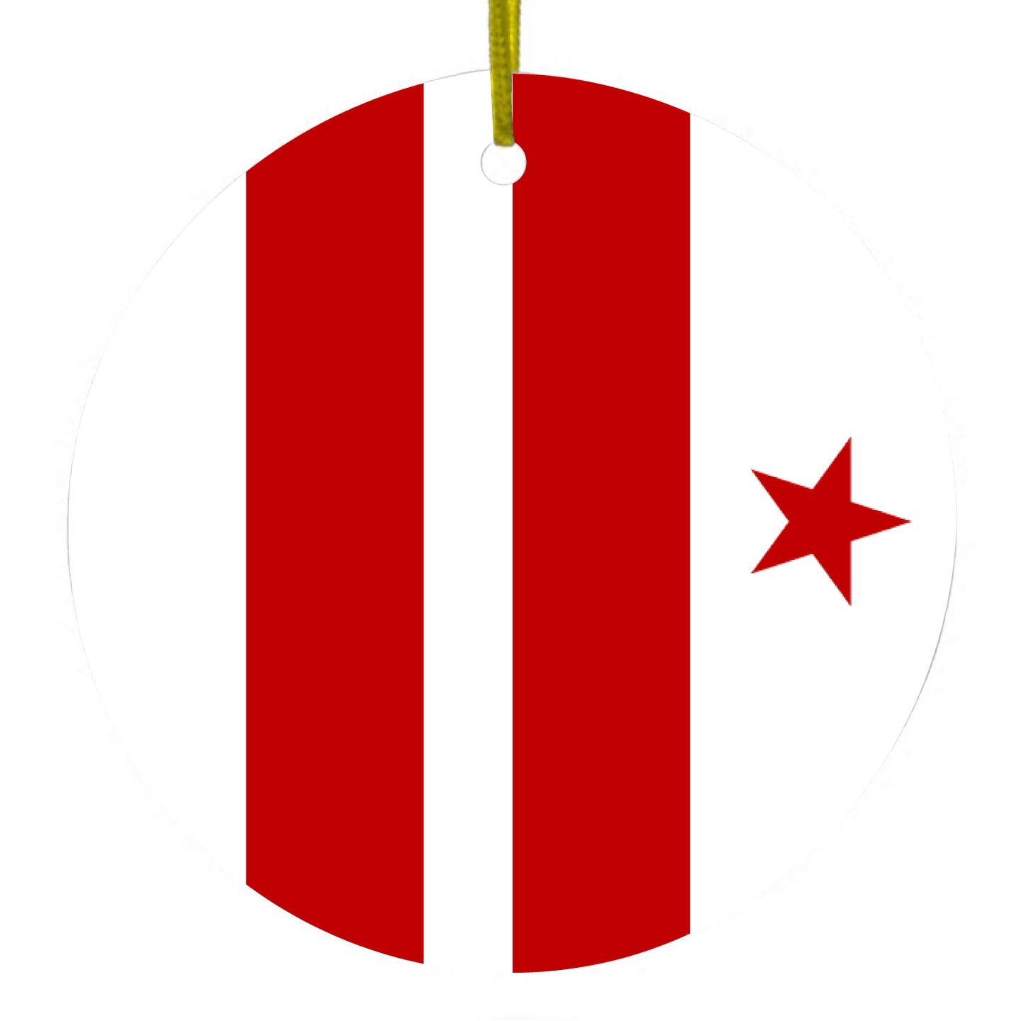 DistinctInk® Hanging Ceramic Christmas Tree Ornament with Gold String - Great Gift / Present - 2 3/4 inch Diameter - Washington DC Flag