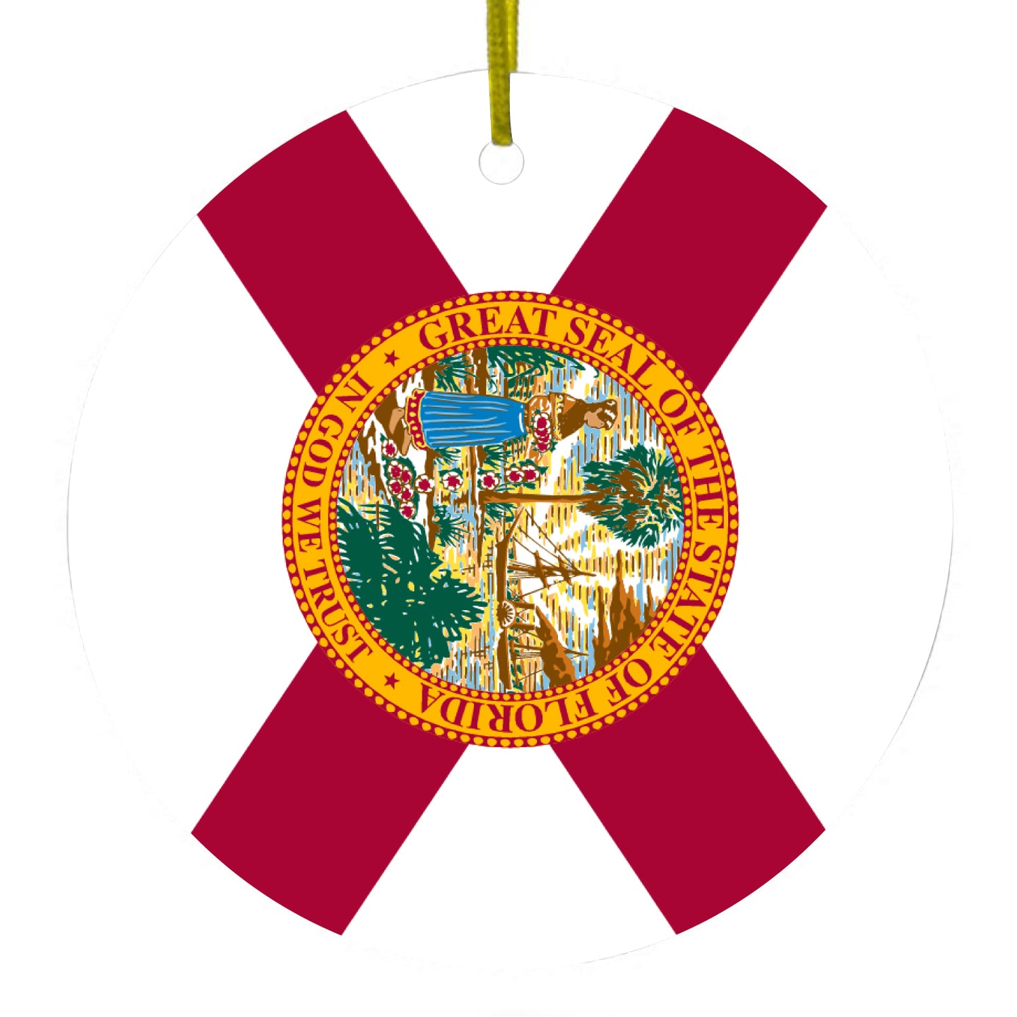 DistinctInk® Hanging Ceramic Christmas Tree Ornament with Gold String - Great Gift / Present - 2 3/4 inch Diameter - Florida State Flag