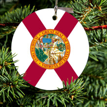 DistinctInk® Hanging Ceramic Christmas Tree Ornament with Gold String - Great Gift / Present - 2 3/4 inch Diameter - Florida State Flag