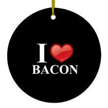 DistinctInk® Hanging Ceramic Christmas Tree Ornament with Gold String - Great Gift / Present - 2 3/4 inch Diameter - Black White Red I Heart Bacon