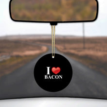 DistinctInk® Hanging Ceramic Christmas Tree Ornament with Gold String - Great Gift / Present - 2 3/4 inch Diameter - Black White Red I Heart Bacon