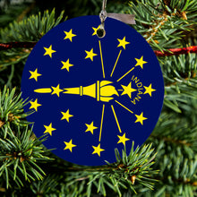 DistinctInk® Hanging Ceramic Christmas Tree Ornament with Gold String - Great Gift / Present - 2 3/4 inch Diameter - Indiana State Flag