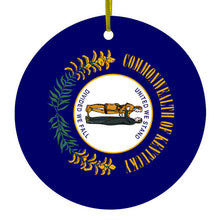 DistinctInk® Hanging Ceramic Christmas Tree Ornament with Gold String - Great Gift / Present - 2 3/4 inch Diameter - Kentucky State Flag
